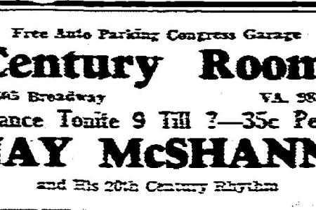 Advertisement for Jay McShann at the Century Room from the Kansas City Star, 1940.